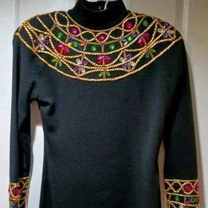 HOLIDAY PARTYTIME CARLISLE BLACK SWEATER FEATURING HAND SEWN RHINSTONES